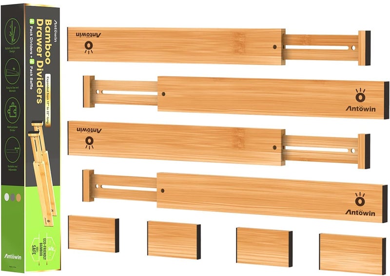 ANTOWIN Bamboo Drawer Dividers Organizers Drawer Separators Splitter1722 inches Long Adjustable Springloaded Organizer for Large Utensil Clothes Tools Drawersyellow