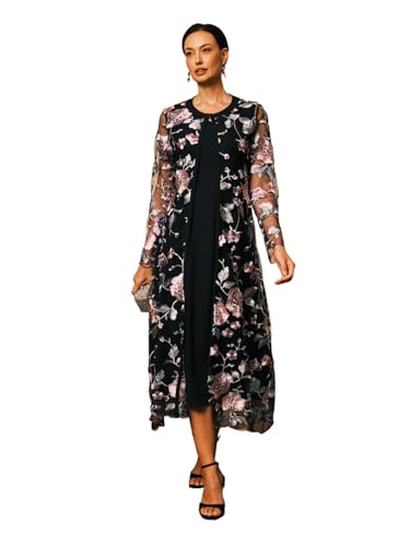 ORAULISA Women's Maxi Dresses 2 Piece Outfit Wedding Guest Cocktail Tea Party Dress Ruffle Lace Floral Casual Formal Evening Dress Black - Image 1