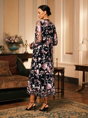 ORAULISA Women's Maxi Dresses 2 Piece Outfit Wedding Guest Cocktail Tea Party Dress Ruffle Lace Floral Casual Formal Evening Dress Black - Image 3