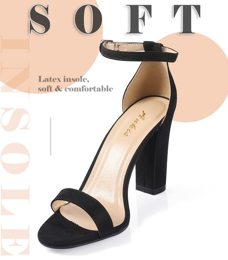 Ankis Black Heels for Women - Open Toe Ankle Strap Chunky High Heel Pump Sandals Party Wedding Strappy Buckle Sandals Standard Size 4 Inches Tall Thick Heel Design - Image 5