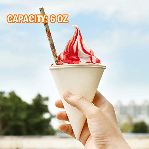 AQUEENLY 100 Snow Cone Cups, Wax Coated Leakproof Cone Paper Cups for Slush, Shaved Ice, Water - 6OZ, White - Image 3
