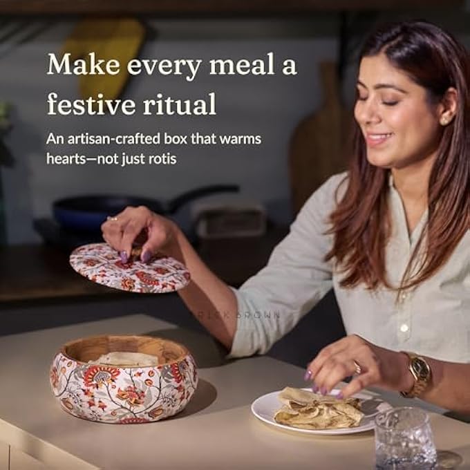 ريحني طاجن روتي مصنوع يدويا من خشب القطيفة الفاخر للمطبخ دائري، روتي دابا مع غطاء للطعام 1640 Ml88X88X43 بوصة - Image 3