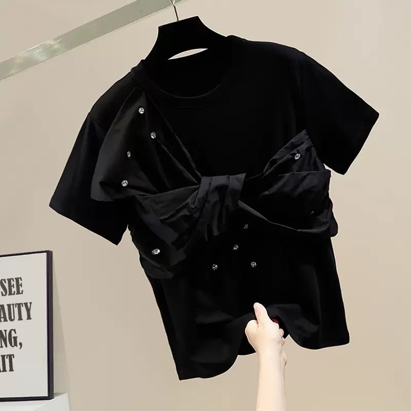 Heavy Industry Diamond-Encrusted Sweet Three-Dimensional Big Bow Decorative Round Neck Pullover Short-Sleeved T-Shirt Women'S Stylist All-Match Top Trendy - Image 4