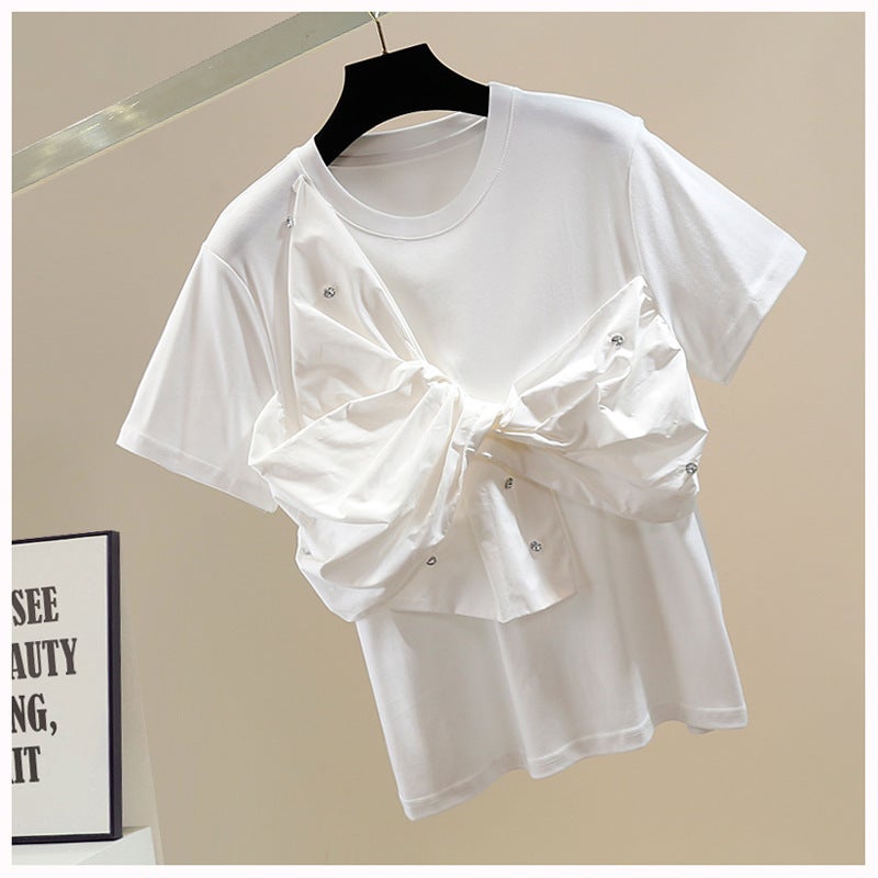 Heavy Industry Diamond-Encrusted Sweet Three-Dimensional Big Bow Decorative Round Neck Pullover Short-Sleeved T-Shirt Women'S Stylist All-Match Top Trendy - Image 3