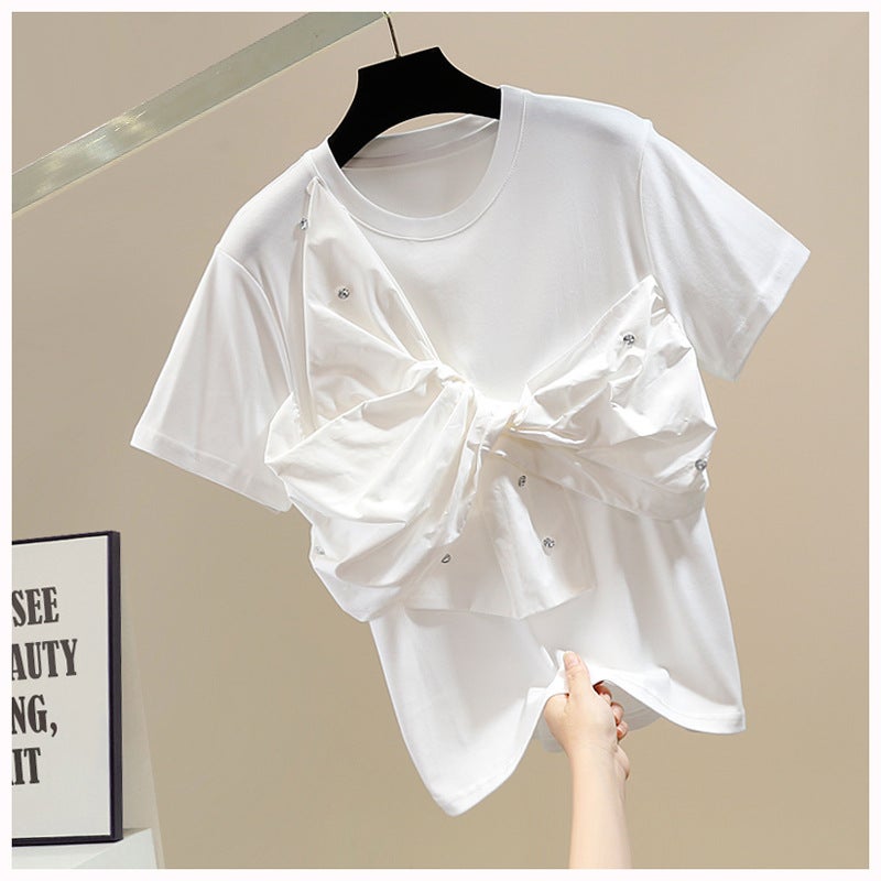 Heavy Industry Diamond-Encrusted Sweet Three-Dimensional Big Bow Decorative Round Neck Pullover Short-Sleeved T-Shirt Women'S Stylist All-Match Top Trendy - Image 2
