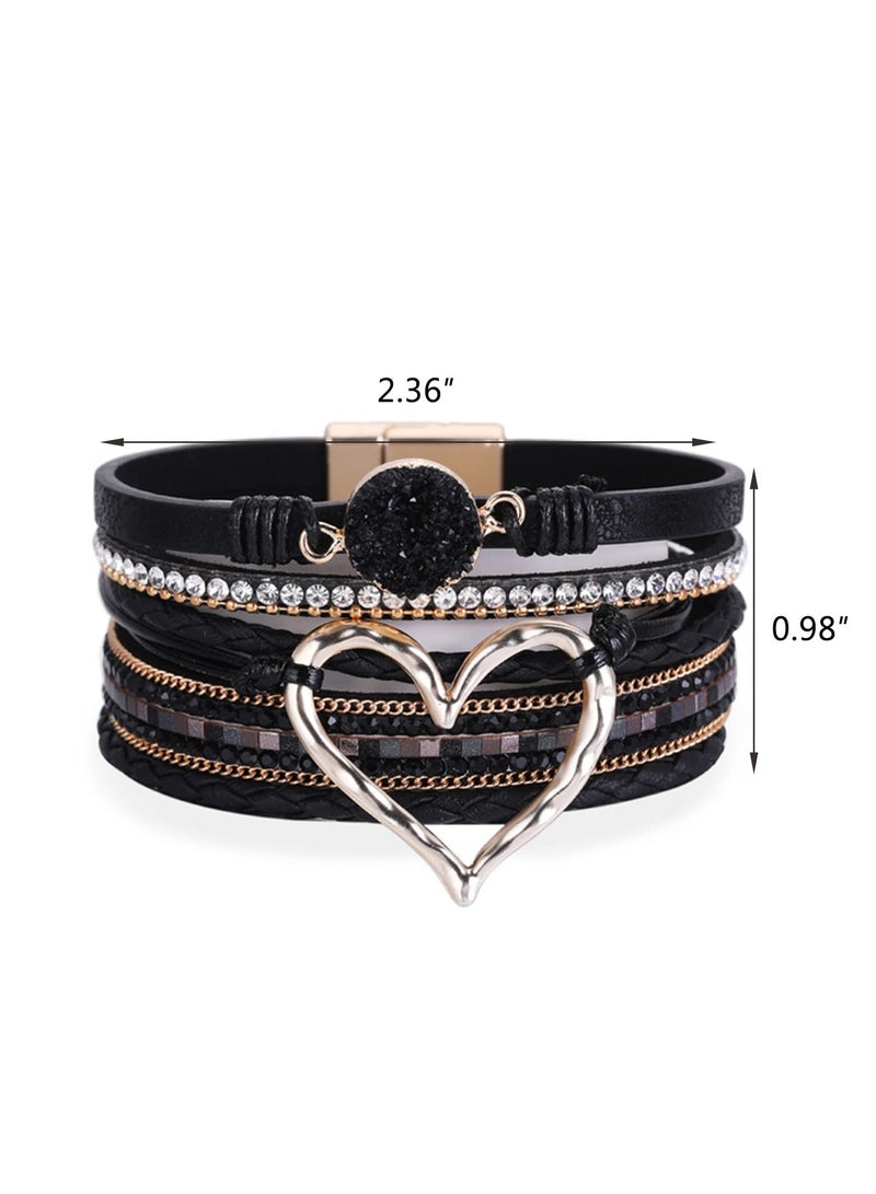 SOLARAE Leather Wrap Bracelet for Women Handmade Clasp Bangle with Crystal Diamonds and Beaded Chain Rings Perfect Birthday or Graduation Gift for Teens Sisters and Mothers - Image 2