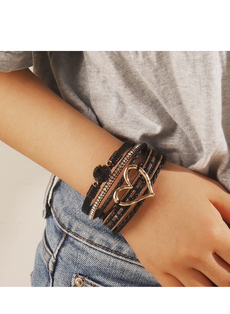 SOLARAE Leather Wrap Bracelet for Women Handmade Clasp Bangle with Crystal Diamonds and Beaded Chain Rings Perfect Birthday or Graduation Gift for Teens Sisters and Mothers - Image 3