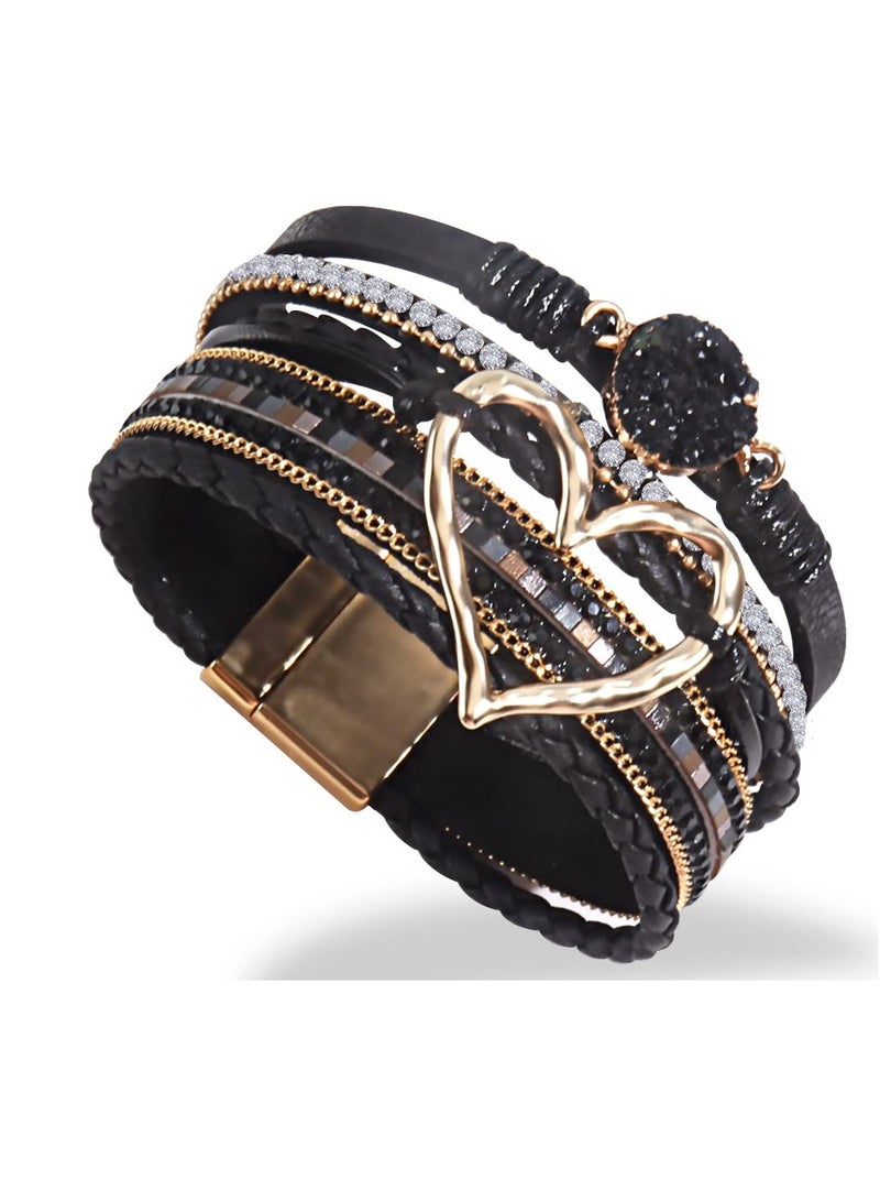 SOLARAE Leather Wrap Bracelet for Women Handmade Clasp Bangle with Crystal Diamonds and Beaded Chain Rings Perfect Birthday or Graduation Gift for Teens Sisters and Mothers - Image 1