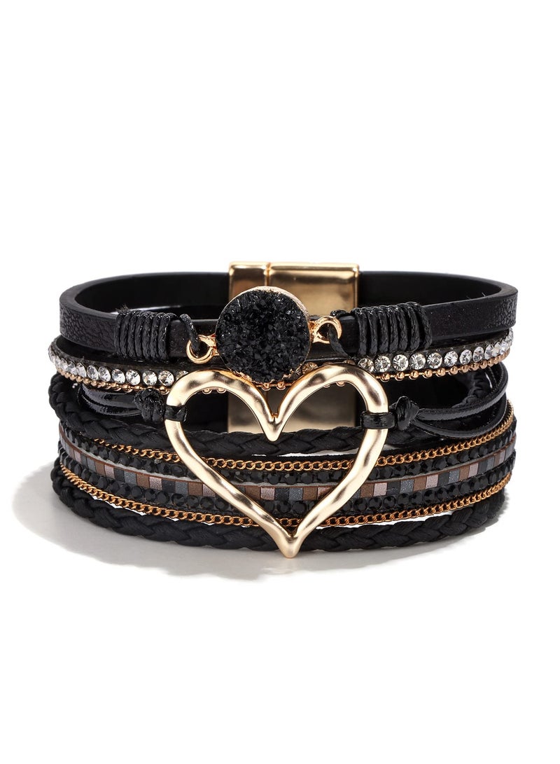 SOLARAE Leather Wrap Bracelet for Women Handmade Clasp Bangle with Crystal Diamonds and Beaded Chain Rings Perfect Birthday or Graduation Gift for Teens Sisters and Mothers - Image 5
