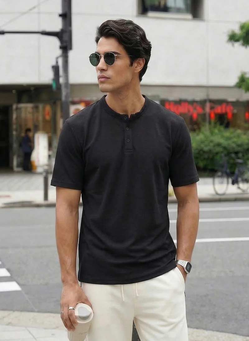 NOBERO Nobero Textured Tees for Men | Henley Neck Textured T-Shirt | 100% Polyester | Regular Fit | Half Sleeve | Casual & Smart-Casual Wear