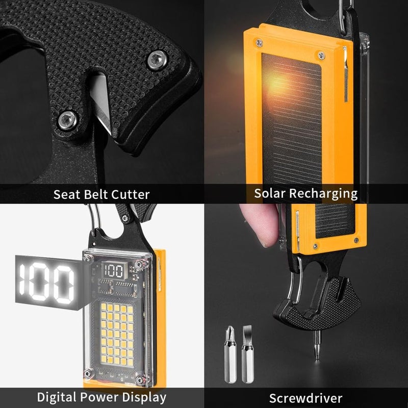 PROSFIA PROSFIA Mini Pocket Outdoor Safety Cutter Tool Keychain Worklight LED Tactical Torch Flashlight Solar Charging Multifunctional Emergency Portable Keychain Flashlight Yellow  - Image 2