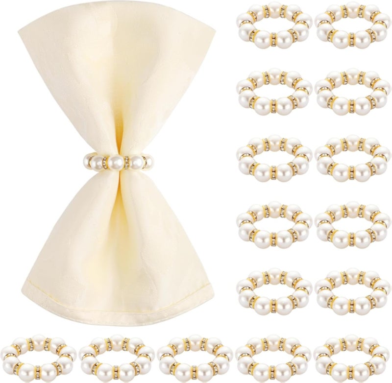 Suream 30 PCS Pearl Napkin Rings, Napkin Holders for Cloth Napkins, Elegant Table Decor for Wedding, Formal Dinners, Holiday, Party(White and Gold)