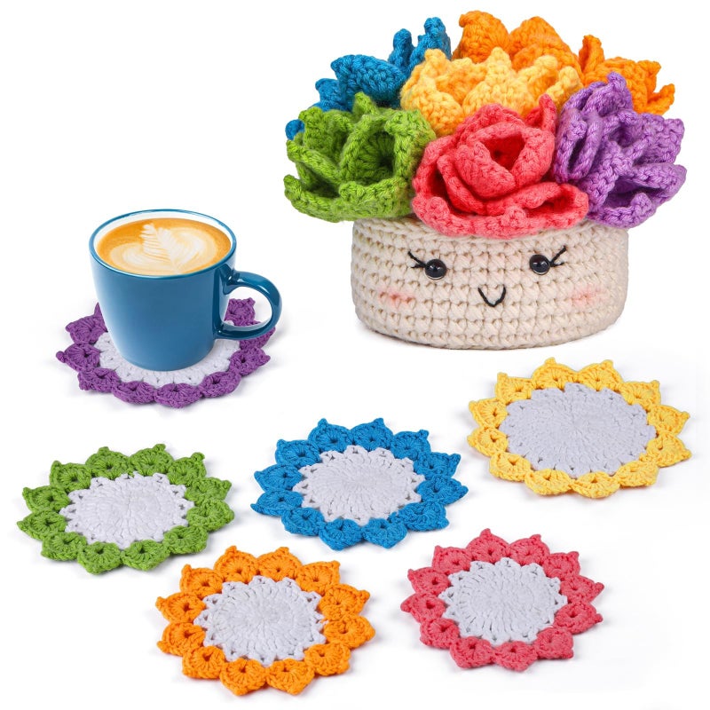 Hssugi Crochet Kit for Beginners, 6PCS Crochet Starter Kit, Potted Plant Coasters Crochet Kit with Step-by-Step Video Tutorials, Crochet Hooks, Learn to Crochet Kits for Adult Beginners - Image 1