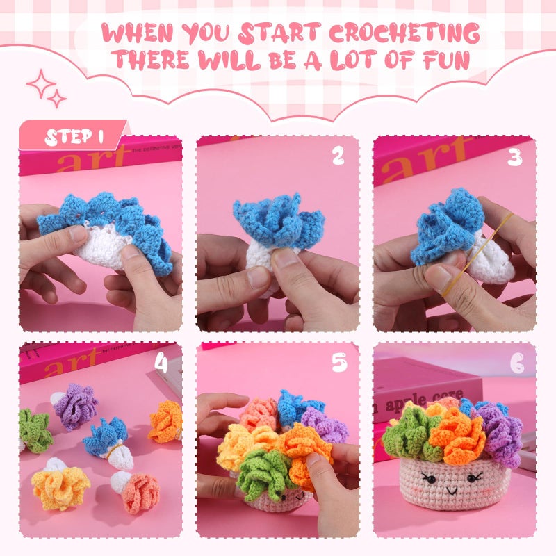 Hssugi Crochet Kit for Beginners, 6PCS Crochet Starter Kit, Potted Plant Coasters Crochet Kit with Step-by-Step Video Tutorials, Crochet Hooks, Learn to Crochet Kits for Adult Beginners - Image 5