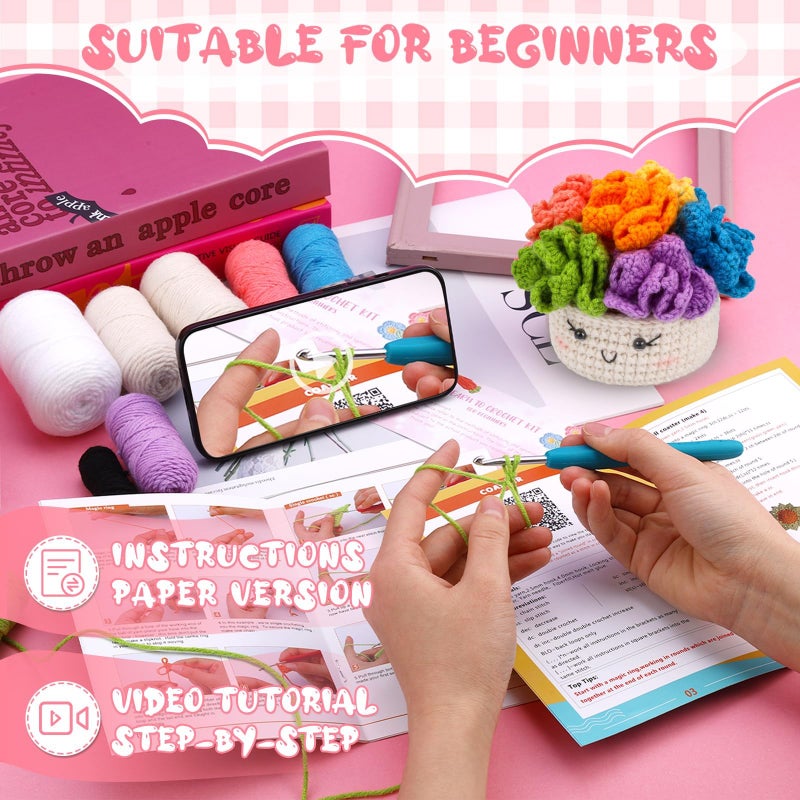 Hssugi Crochet Kit for Beginners, 6PCS Crochet Starter Kit, Potted Plant Coasters Crochet Kit with Step-by-Step Video Tutorials, Crochet Hooks, Learn to Crochet Kits for Adult Beginners - Image 3