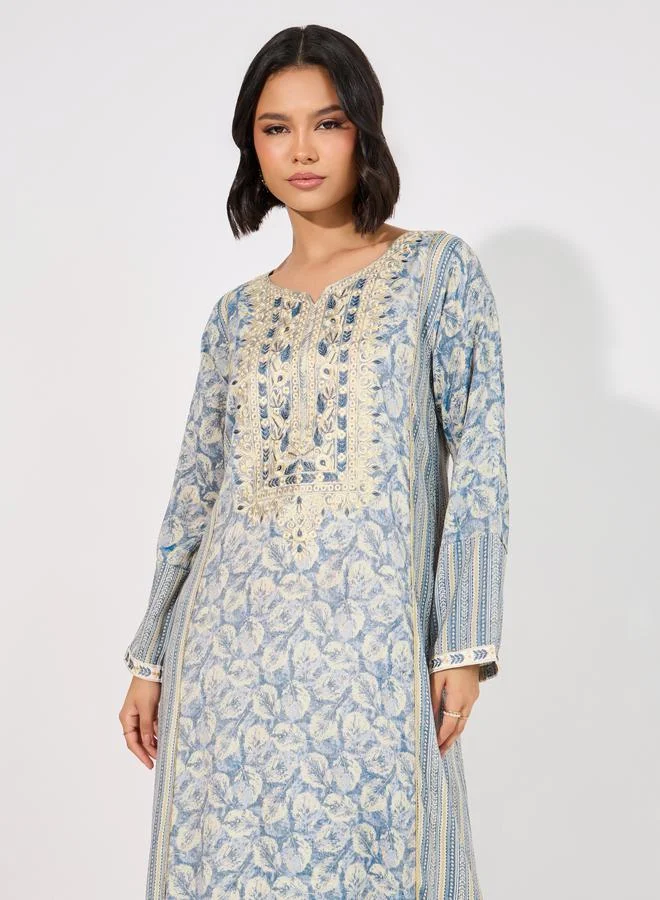 Styli Styli Floral Print Side Striped Notch Neck Jalabiya