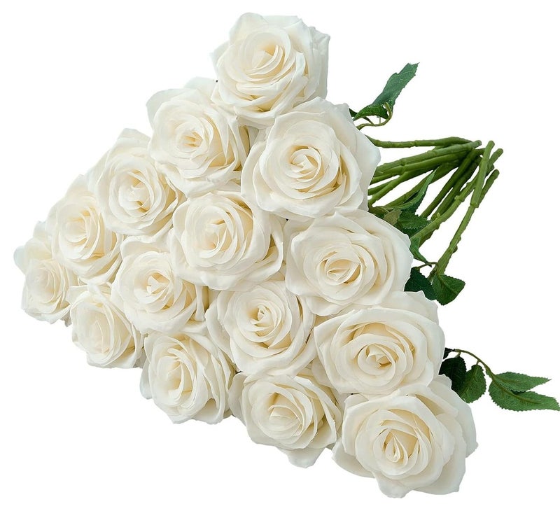 ZERIFAM Artificial Silk Rose, 15pcs White Rose Artificial Flowers, Fake Roses Bouquet Long Stem Roses for Christmas Day Home Party Decoration Wedding and Table Centerpiece - Image 1