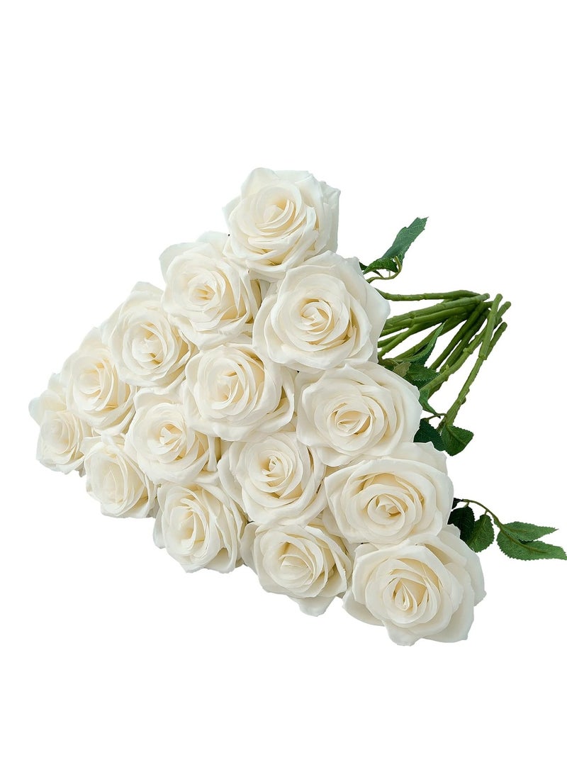 ZERIFAM Artificial Silk Rose, 15pcs White Rose Artificial Flowers, Fake Roses Bouquet Long Stem Roses for Christmas Day Home Party Decoration Wedding and Table Centerpiece  - Image 1