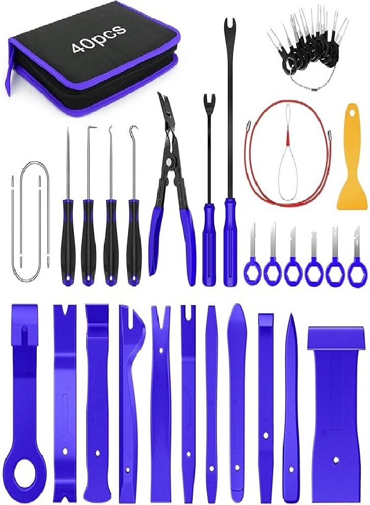 40pcs Practical Trim Removal Tools, Car Clamps Stereo Removal Tool, Car Interior Repair Pry Kit, Precision Hook and Pick Set, Wiring Threader, Car Film Scraper - Image 1
