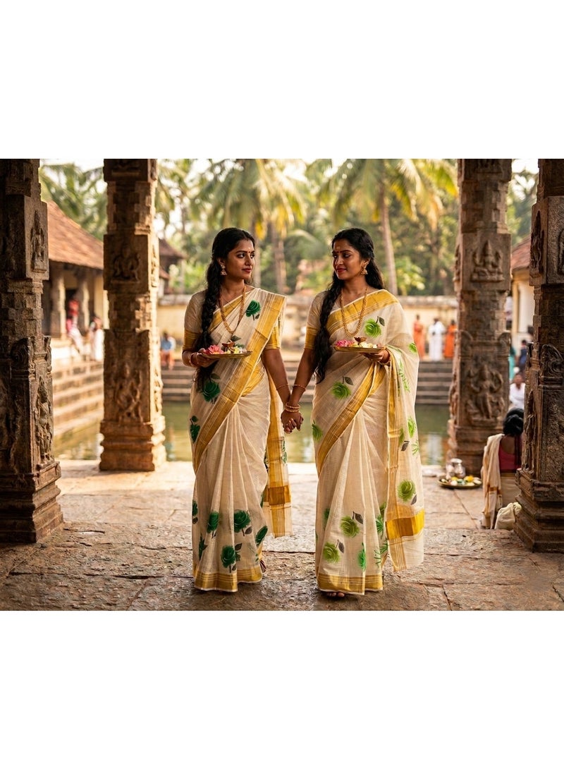 Aashvi Kuthampully Kerala Kasavu Cotton Set Saree With Golden Border And Light Green Floral Print - Image 1