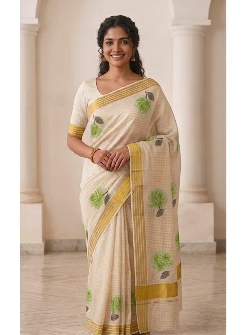 Aashvi Kuthampully Kerala Kasavu Cotton Set Saree With Golden Border And Light Green Floral Print - Image 1