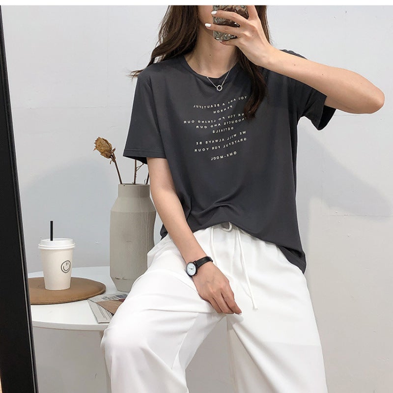 The Fabric Is So Comfortable! Draped Western Style Grey Modal Letter Short-Sleeved T-Shirt Women'S Summer Loose Base Shirt - Image 3