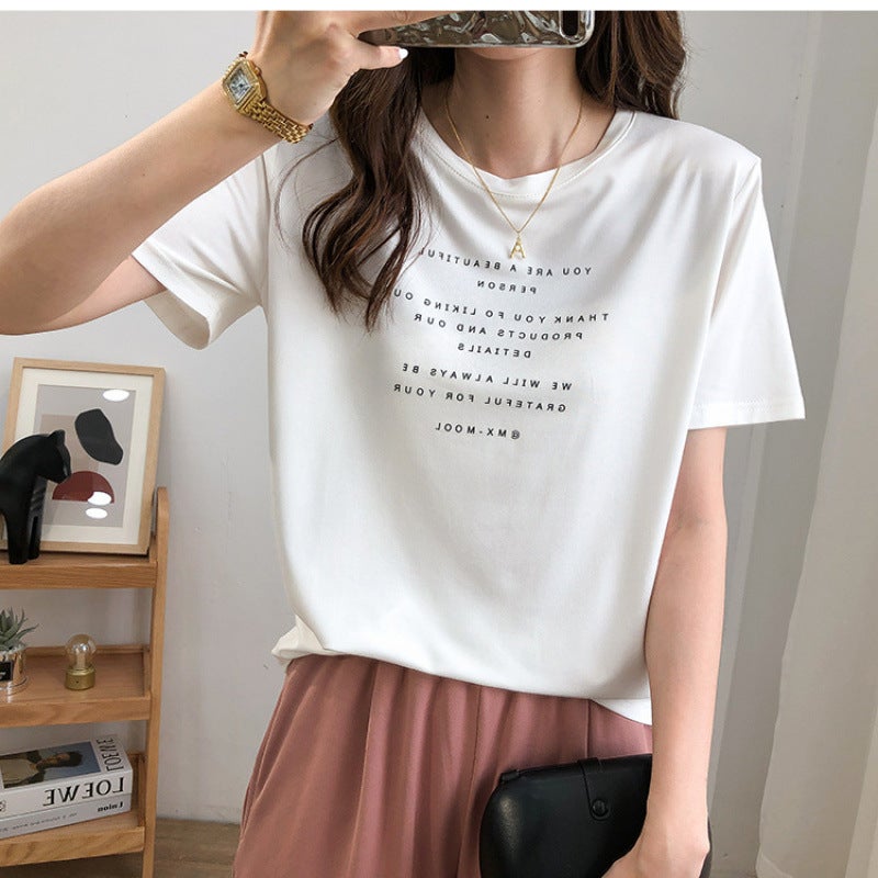 The Fabric Is So Comfortable! Draped Western Style Grey Modal Letter Short-Sleeved T-Shirt Women'S Summer Loose Base Shirt - Image 5