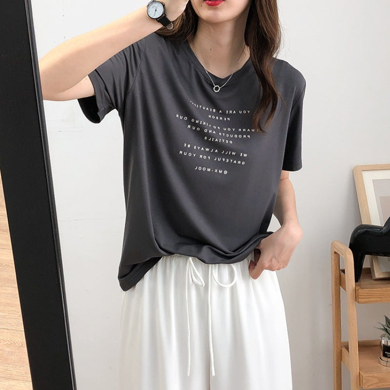 The Fabric Is So Comfortable! Draped Western Style Grey Modal Letter Short-Sleeved T-Shirt Women'S Summer Loose Base Shirt - Image 4