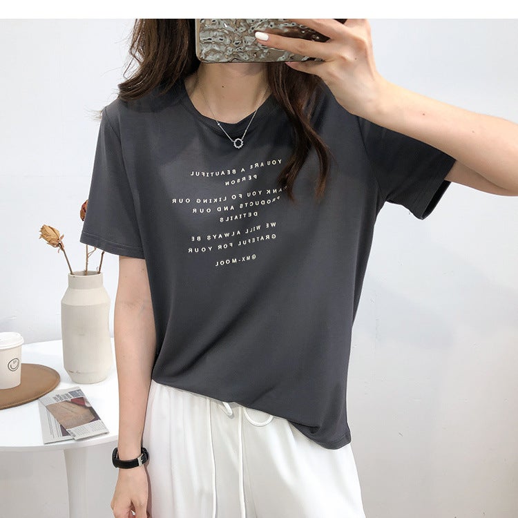 The Fabric Is So Comfortable! Draped Western Style Grey Modal Letter Short-Sleeved T-Shirt Women'S Summer Loose Base Shirt - Image 1