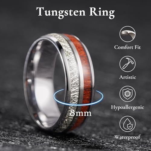King Will 8mm Tungsten Rings for Men Imitated Meteorite Koa Wood Inlay Mens Silver Wedding Band Engagement Promise Ring Polished Domed Style Comfort Fit Size 7 - Image 2