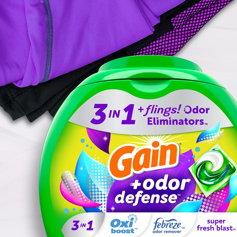 Gain Flings Laundry Detergent Pacs with Odor Defense, 76 Count, Super Fresh Blast Scent, HE 3in1 Detergent Pacs with Febreze and Oxi - Image 3