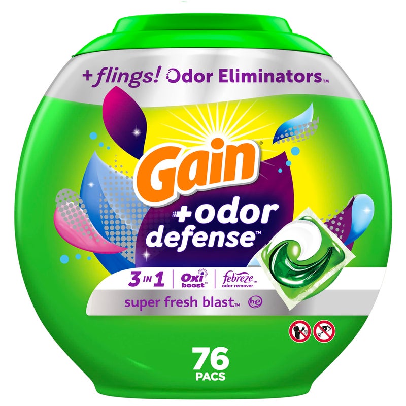 Gain Flings Laundry Detergent Pacs with Odor Defense, 76 Count, Super Fresh Blast Scent, HE 3in1 Detergent Pacs with Febreze and Oxi - Image 1