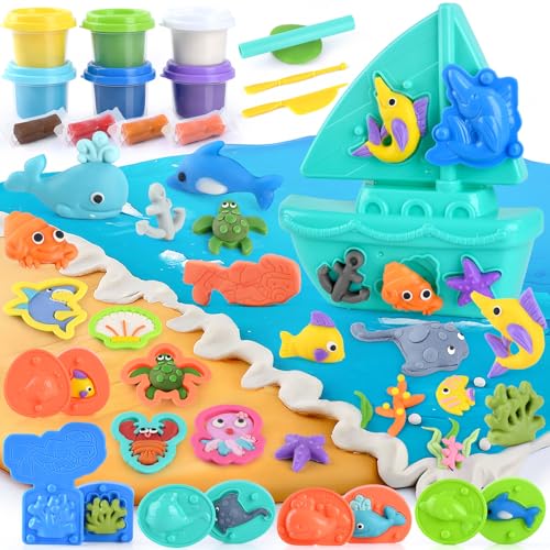 PLAY Ocean Color Dough Kit with Sea Animals Molds Under the Sea Toys Set for Sensory Play Boat Whale Shark Crab Fish Cutters Educational Arts and Crafts Gift for Kids 3 4 5 6 Year Old Boys Girls - Image 1
