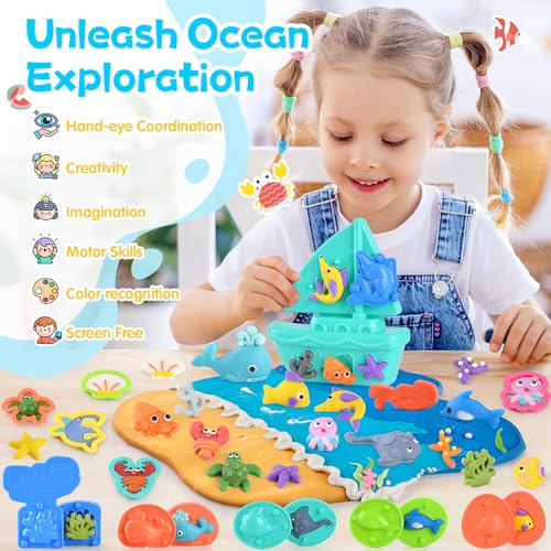 PLAY Ocean Color Dough Kit with Sea Animals Molds Under the Sea Toys Set for Sensory Play Boat Whale Shark Crab Fish Cutters Educational Arts and Crafts Gift for Kids 3 4 5 6 Year Old Boys Girls - Image 5