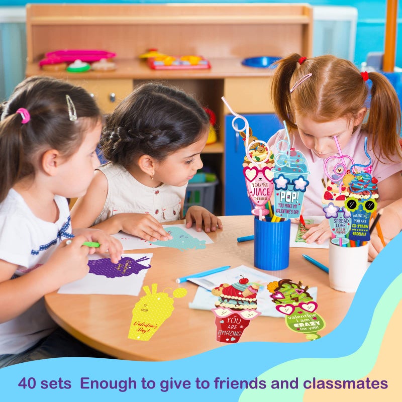 Ferraycle Valentines Day Gifts for Kids 40 Sets Valentines Day Crazy Straws with Cards Classroom Toddlers Girls Boys School Class Exchange Gifts Prizes for Valentine's Day Party - Image 5