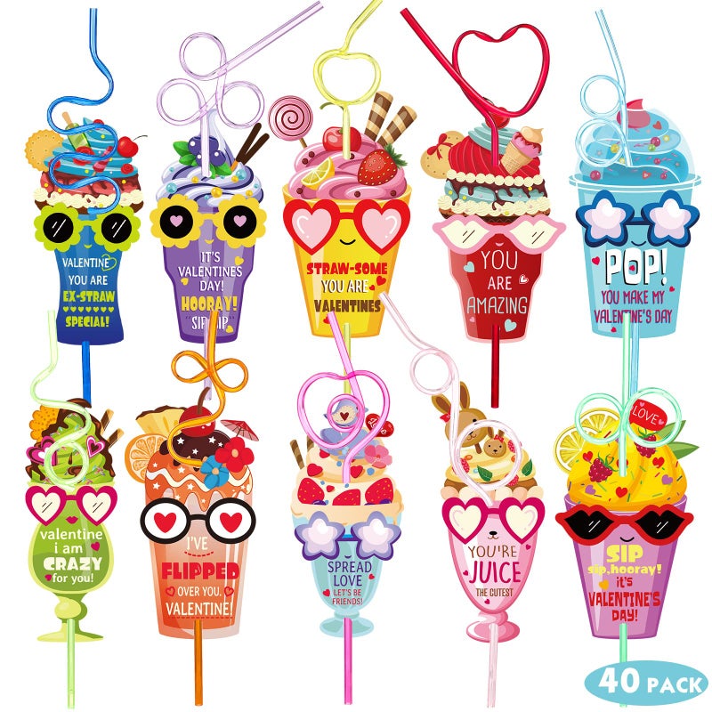 Ferraycle Valentines Day Gifts for Kids 40 Sets Valentines Day Crazy Straws with Cards Classroom Toddlers Girls Boys School Class Exchange Gifts Prizes for Valentine's Day Party - Image 1