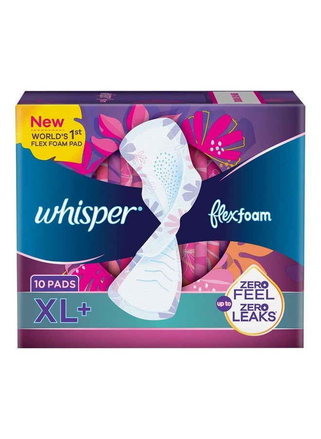 Whisper Flexfoam, 10 Xl+ Sanitary Pads For Women, Upto Zero Feel Zero Leaks, World'S 1St Flexfoam Pad, Upto 100% Leak Free, Seamlessly Conforms To Your Body  - Image 1