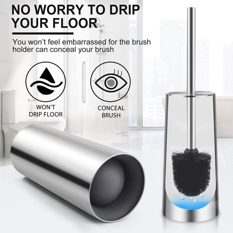 Wsedor Toilet Brush and Holder, 2 Pack Toilet Brush with 304 Stainless Steel Long Handle, Toilet Bowl Brush for Bathroom Toilet-Ergonomic, Elegant,Durable (Silver) - Image 5