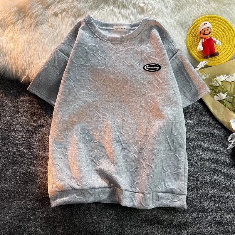 Summer Casual Short Sleeve T-Shirt And Five-Quarter Pants Mens Fashionable All-Match Solid Color Leisure Set Korean Trend Brand INS Grey T-Shirt  - Image 1