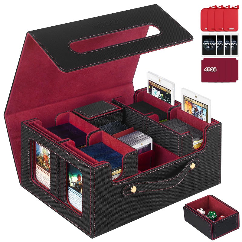 STTRBOX Trading Card Storage Box for MTG, MTG commander deck boxï¼ŒMulti-purpose Deck Case for MTG TCG Sports Card, 4 Toploaders, 4 Stoppers, 4 Colorful Dividers (Black & Red) - Image 1