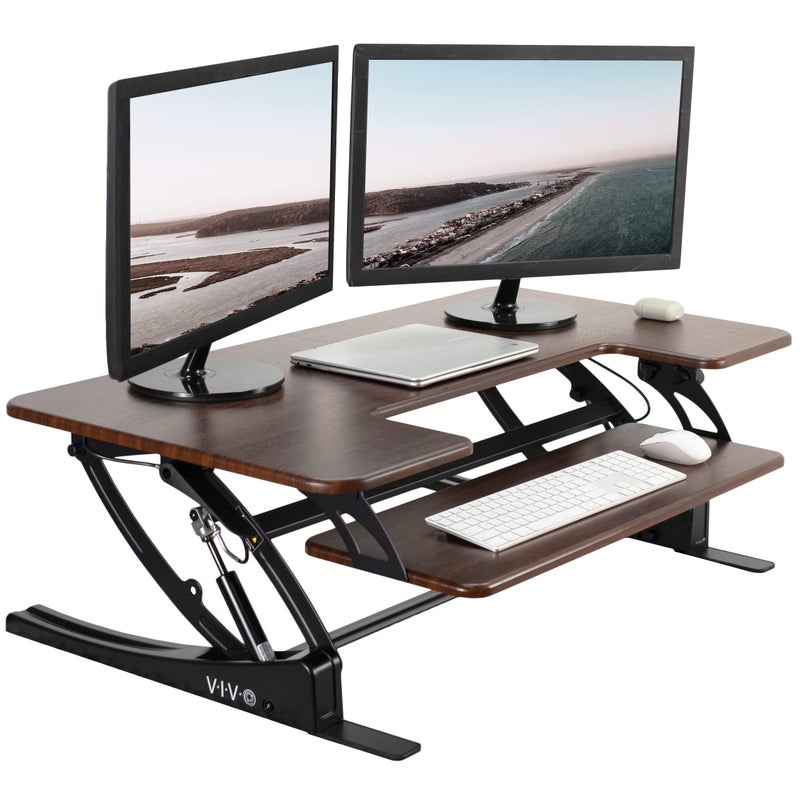 VIVO 42 inch Height Adjustable Stand Up Desk Converter V Series Quick Sit to Stand Tabletop Dual Monitor Riser Workstation Dark Walnut Top Black Frame DESKV000VLD