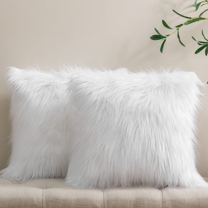 Phantoscope Pack of 2 Faux Fur Solid Throw Decorative Pillow Cover Cushion Covers Luxury Soft Decorative Pillowcase Fuzzy Pillow Covers for BedCouchWhite 24 x 24 Inches