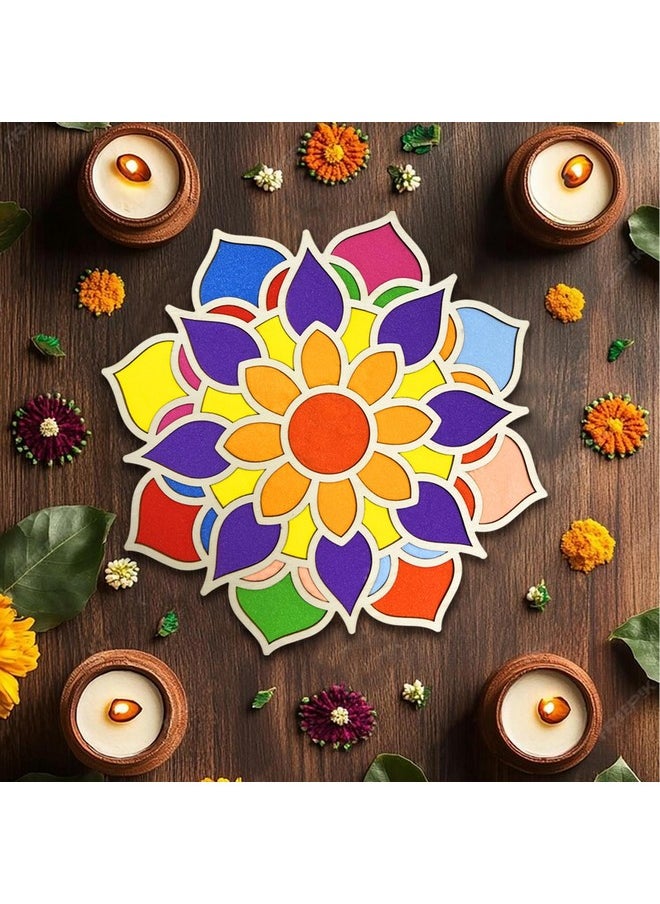 MLOLM 5Pcs Wooden Diwali Mandala Sand Art Kits 11.8'' Diy Floral Rangoli Mats For Floor Decoration Mandala Sand Painting10 Rangoli Colors With Brush For Home Indian Festivals Party Decoration  - Image 3
