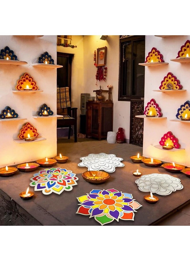MLOLM 5Pcs Wooden Diwali Mandala Sand Art Kits 11.8'' Diy Floral Rangoli Mats For Floor Decoration Mandala Sand Painting10 Rangoli Colors With Brush For Home Indian Festivals Party Decoration  - Image 5