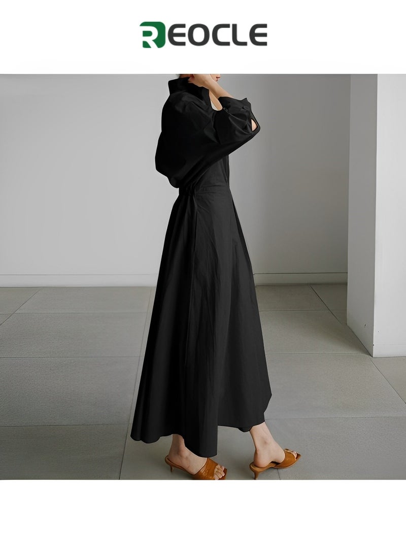 REOCLE Dress Elegant Women Spring Autumn Sundress Lapel Neck Long Sleeve Solid Long Shirt Dress - Image 5
