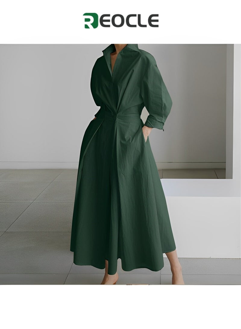 REOCLE Dress Elegant Women Spring Autumn Sundress Lapel Neck Long Sleeve Solid Long Shirt Dress - Image 2
