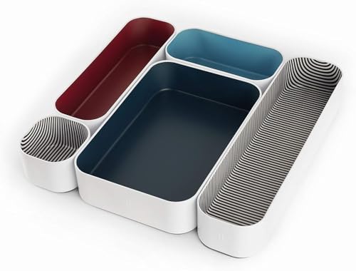 Three by Three Seattle 5 Piece Metal Organizer Tray Set for Storing Makeup, Stationery, Utensils, and More in Office Desk, Kitchen and Bathroom Drawers (2 Inch, Blue Berry and Stripes) - Image 1