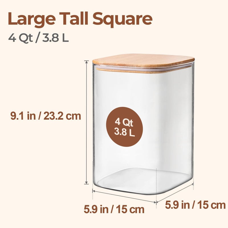 ComSaf 4 Qt Glass Food Storage Containers Set of 2, Large Storage Containers with Lids, Square Glass Jars with Lids, for Flour and Sugar, Cereal, Rice, Pasta, Oats, Coffee Beans - Image 2