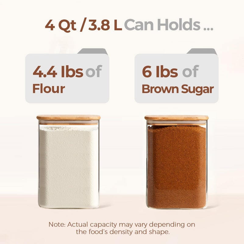 ComSaf 4 Qt Glass Food Storage Containers Set of 2, Large Storage Containers with Lids, Square Glass Jars with Lids, for Flour and Sugar, Cereal, Rice, Pasta, Oats, Coffee Beans - Image 3