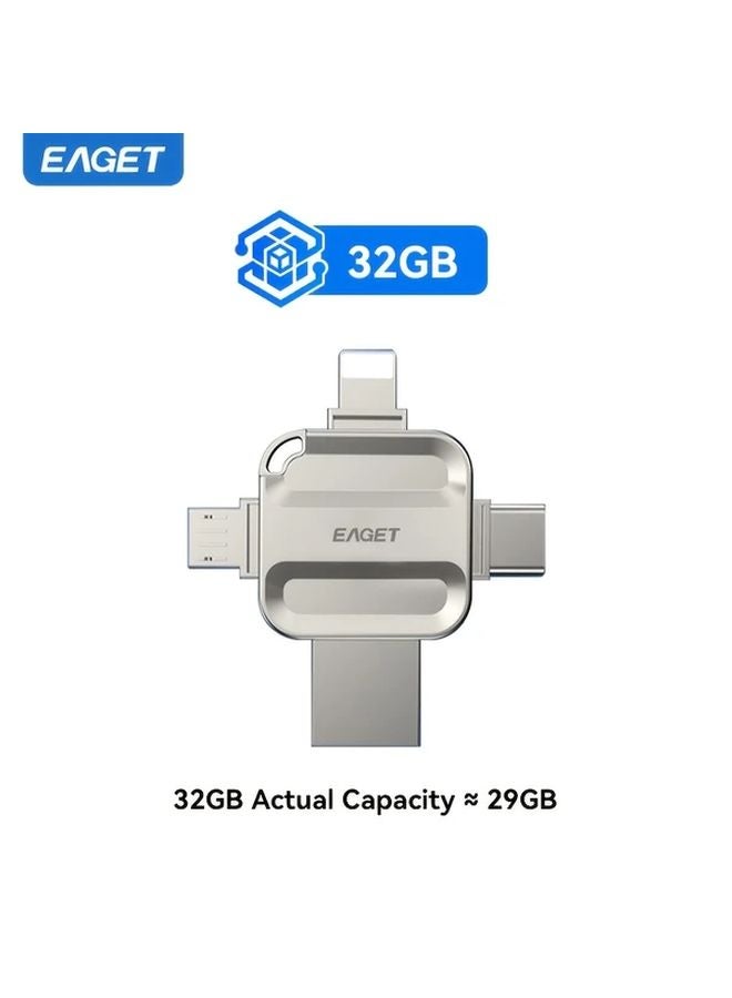 Eaget 32GB 4 في 1 محمول معدني يو إس بي 3.0 فلاش درايف عالي السرعة 110 ميجابايت/ثانية لأجهزة أندرويد وآبل - Image 1